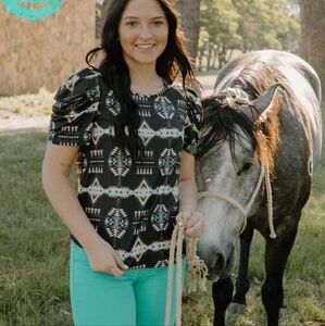 NWT Sterling Kreek Black Western Aztec Print Top